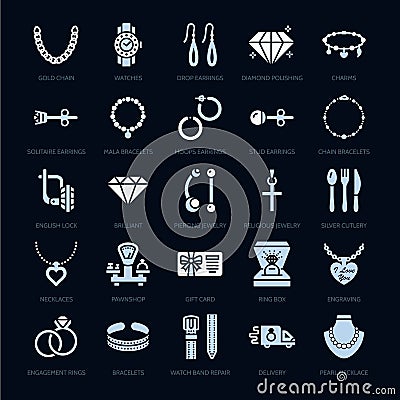 Jewelry flat glyph icons, jewellery store signs. Jewels accessories - gold engagement rings, gem earrings, silver chain Vector Illustration