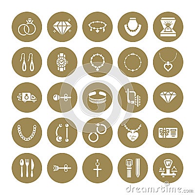 Jewelry flat glyph icons, jewellery store signs. Jewels accessories - gold engagement rings, gem earrings, silver chain Vector Illustration