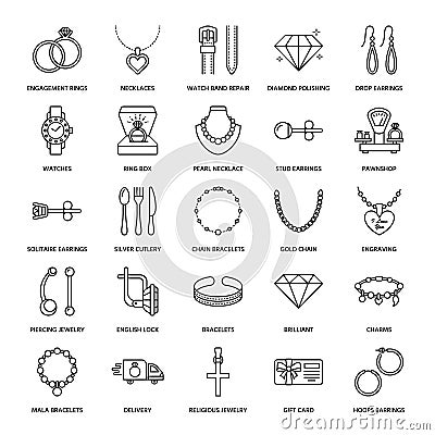 Jewelry flat line icons, jewellery store signs. Jewels accessories Vector Illustration