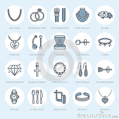 Jewelry flat line icons, jewellery store signs. Jewels accessories - gold engagement rings, gem earrings, silver chain Vector Illustration