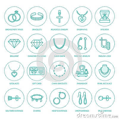 Jewelry flat line icons, jewellery store signs. Jewels accessories - gold engagement rings, gem earrings, silver chain Vector Illustration