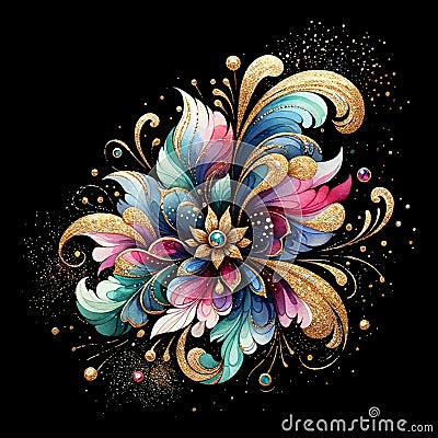 Jewelry floral luxury watercolor painting colorful flower with gemstones and gold glitters. Beautiful ornamental drawing flower. Vector Illustration