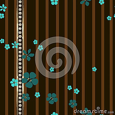 Many small turquoise flowers and gold stripe with diamonds. Vector Illustration