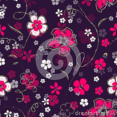 Abstract white and bright pink magenta flowers and gold chains with diamonds Vector Illustration