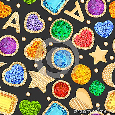 Jewelry Gemstones and Golden Accessories Seamless Pattern. Fashion Background with Luxury Jewels, Diamonds, Emeralds Vector Illustration