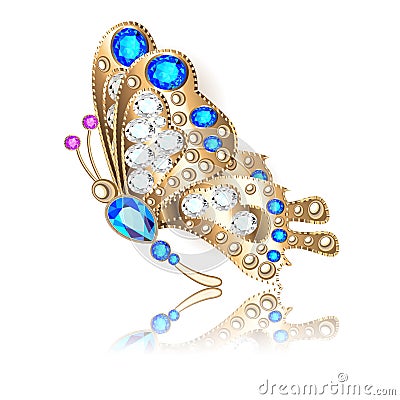 gold butterfly brooch pendant in precious stones. Beautiful decoration with reflection Vector Illustration