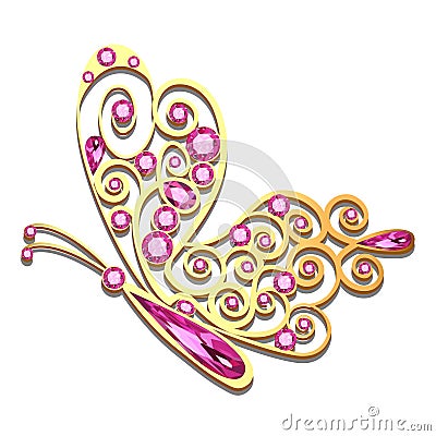 Jewelry gold butterfly in gems. Beautiful decoration. Isolated o Vector Illustration