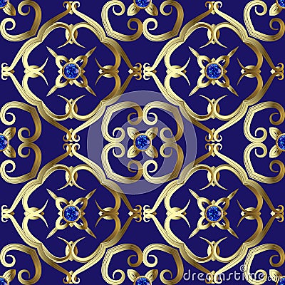 Jewelry gold 3d seamless pattern. Vector gemstones background. Blue sapphires. Luxury repeat backdrop. Vintage hand drawn flowers Vector Illustration