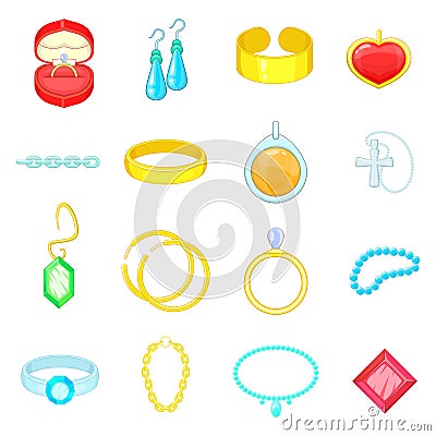 Jewelry items icons set, cartoon style Vector Illustration