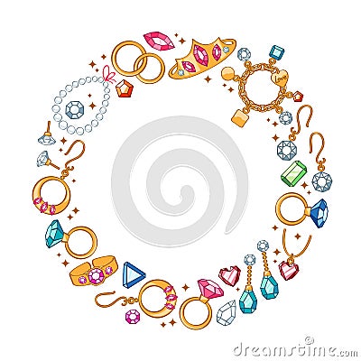 Jewelry items round frame background. Vector Illustration