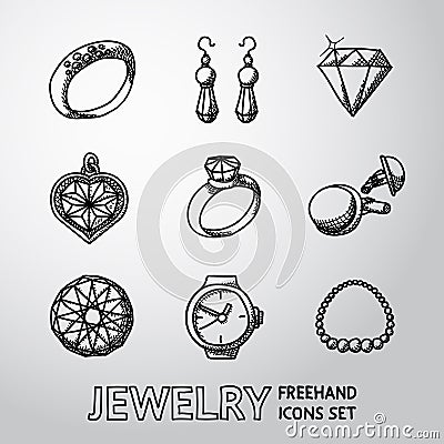 Jewelry monochrome freehand icons set with - rings Vector Illustration