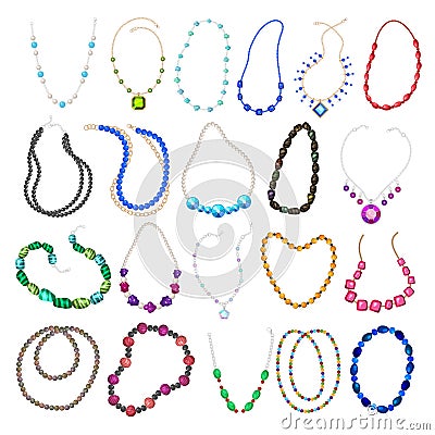 Jewelry for neck. Woman lace with gemstones luxury necklace collection recent vector templates set isolated Vector Illustration