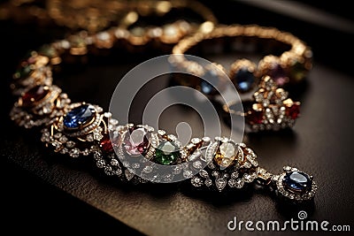 Jewelry with precious stones on black background, AI Generated Cartoon Illustration