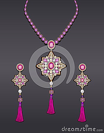 jewelry with precious stones and tassels Vector Illustration