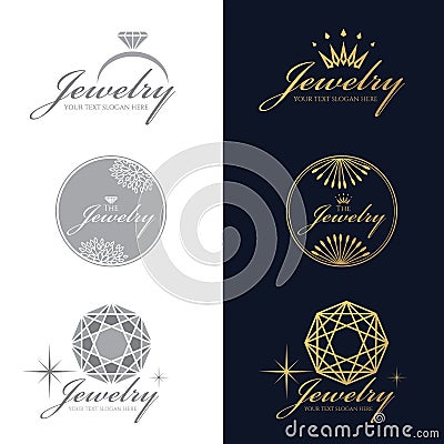 Jewelry ring logo. Jewelry crown logo. Jewelry flower and circle logo. Diamond Octagon logo. vector set and isolate on white and Vector Illustration