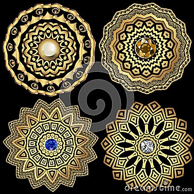 Jewelry round greek vector mandala patterns set. Floral greek key meander ornaments. Geometric ethnic tribal style background. Vector Illustration