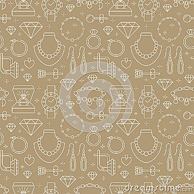 Jewelry seamless pattern, line illustration. Vector icons of jewels accessories - gold engagement rings, diamond, pearl Vector Illustration