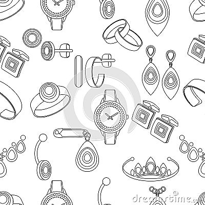 Jewelry seamless pattern, vector background, black and white monochrome illustration. Contour decoration items on a white backdrop Vector Illustration