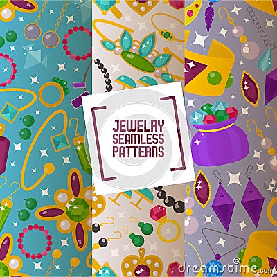 Jewelry seamless pattern, vector illustration. Sparkling diamonds and jewels with precious gemstones. Golden jewellery Vector Illustration