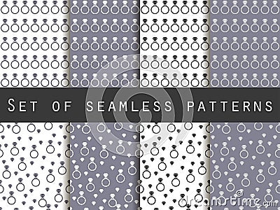 Jewelry. Set of seamless patterns with diamonds. Black and white color. Vector Illustration
