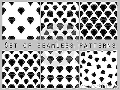 Jewelry. Set of seamless patterns with diamonds. Black and white color. Vector illustration. Vector Illustration