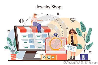 Jewelry shop concept. Precious stones jewelry business. Goldsmith workshop Vector Illustration