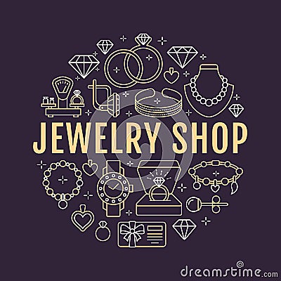 Jewelry shop, diamond accessories banner illustration. Vector line icon of jewels - gold engagement rings, gem earrings Vector Illustration