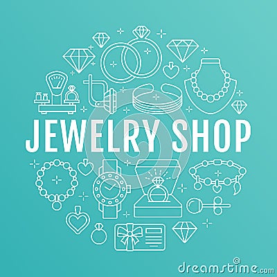 Jewelry shop, diamond accessories banner illustration. Vector line icon of jewels - gold engagement rings, gem earrings Vector Illustration