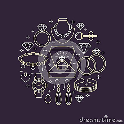 Jewelry shop, diamond accessories banner illustration. Vector line icon of jewels - gold watches, engagement rings, gem Vector Illustration