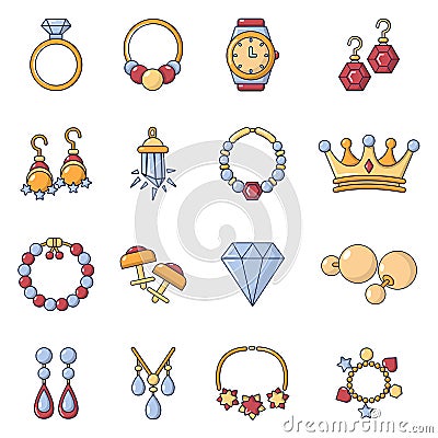 Jewelry shop icons set, cartoon style Vector Illustration