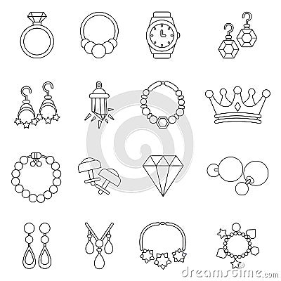 Jewelry shop icons set, outline style Vector Illustration