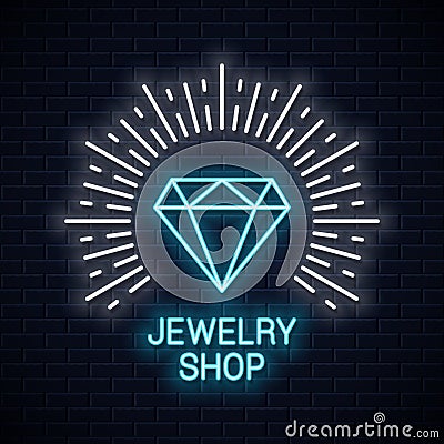 Jewelry shop neon sign. Diamond icon neon banner. Vector Illustration