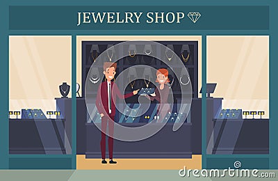 Jewelry shop showcase with man choosing ring Vector Illustration