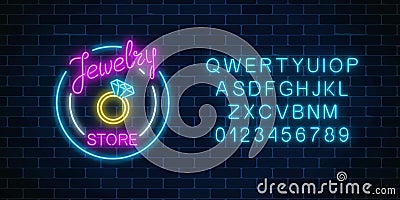 Jewelry store glowing neon signboard with alphabet. Bijou shop advertisement shining sign. Vector Illustration