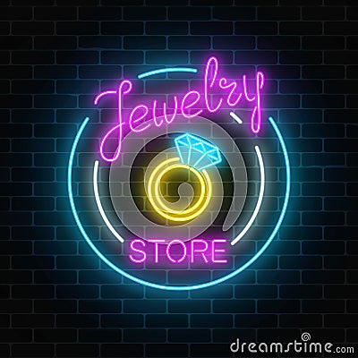 Jewelry store glowing neon signboard on dark brick wall background. Bijou shop advertisement shining sign. Vector Illustration