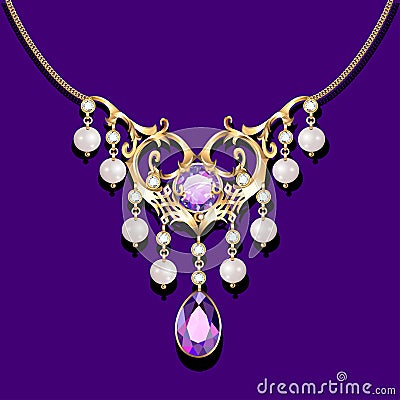 jewelry women`s gold necklace with precious stones and pearls Vector Illustration