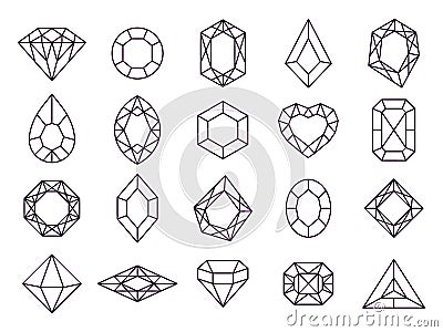 Jewels diamond icons. Diamonds gems, luxury jewel gemstones and precious gem isolated vector line icon set Vector Illustration