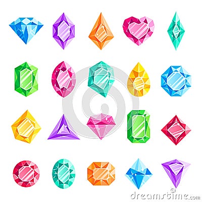 Jewels gems. Jewelry diamond, jewel heart crystal gem and diamonds gemstone isolated vector illustration set Vector Illustration