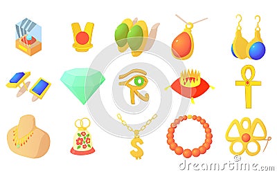 Jewerly icon set, cartoon style Vector Illustration