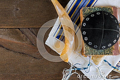 Jewesh holiday with shofar horn kippah and tallit prayer book Stock Photo