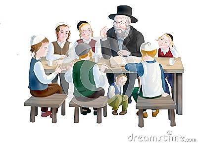 Jewish children with a rabbi Stock Photo