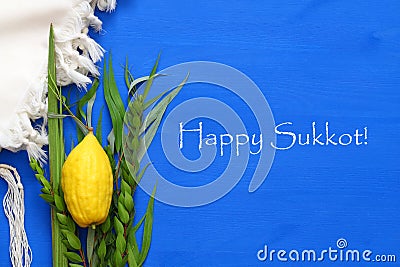 Jewish festival of Sukkot. Traditional symbols & x28;The four species& x29;: Etrog, lulav, hadas, arava Stock Photo