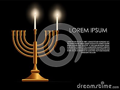 Jewish the first day holiday Hanukkah background, realistic menorah traditional candelabra, burning candles, blur effect. Religi Cartoon Illustration