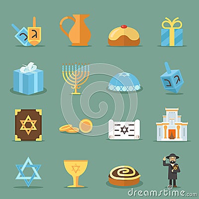 Jewish flat icons. Israel and judaism symbols with rabbi, torah synagogue Cartoon Illustration