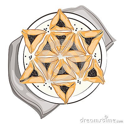 Jewish Hamantaschen cookies with poppy seeds in the shape of David Star top view,design element for Purim Vector Illustration