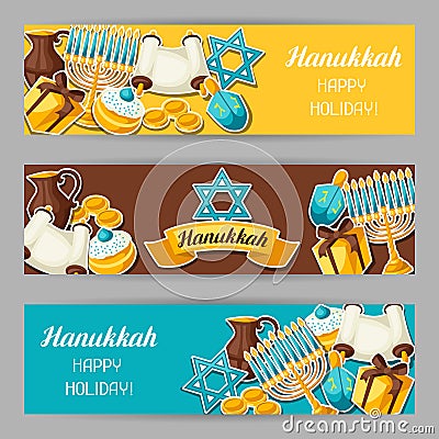 Jewish Hanukkah celebration banners with holiday sticker objects Vector Illustration