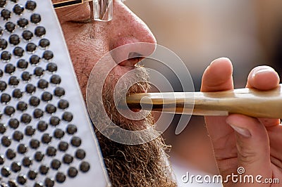 Jewish hasid blows Shofar. Rosh Hashanah, Jewish New Year. Editorial Stock Photo