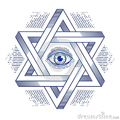Jewish hexagonal star with all seeing eye of god sacred geometry religion symbol created from two dimensional triangles impossible Vector Illustration