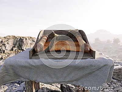 Jewish holiday background with old scroll of tora and landscape concept photo Stock Photo