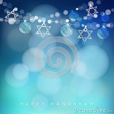 Jewish holiday Hannukah greeting card with garland of lights and jewish stars, Vector Illustration